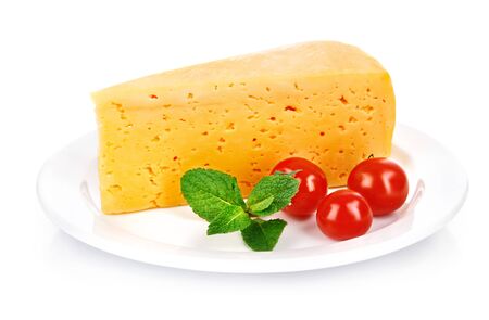 Cheese piece cherry mint plate white backgroundの写真素材