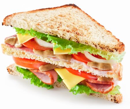 sandwich with bacon cheese vegetables on a white backgroundの写真素材