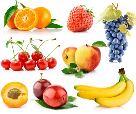 set of fruit berries bananas strawberry grape apricot cherryの写真素材