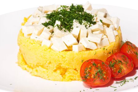 Carpathian gourmet dish with cheese, tomatoes and greens on a white plate.の写真素材