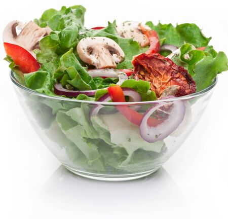 Salad mushrooms vegetables onion pepper salad white background .の写真素材