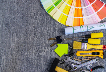 home improvement concept - construction tools and items. selective focus.の写真素材