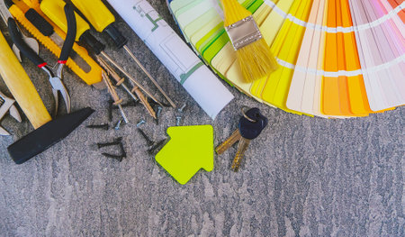 home improvement concept - construction tools and items. selective focus.の写真素材