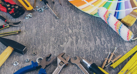 home improvement concept - construction tools and items. selective focus.の写真素材