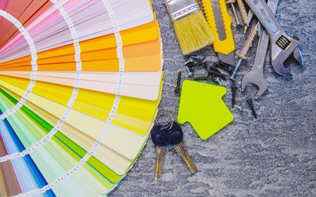 home improvement concept - construction tools and items. selective focus.の写真素材