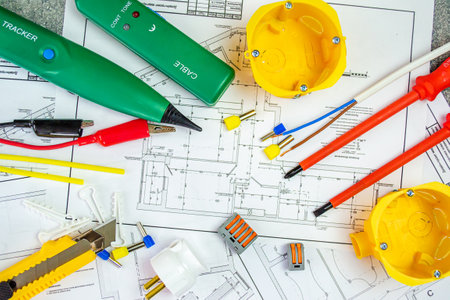 Flat lay composition with electrician's tools on house plan. Space for textの写真素材