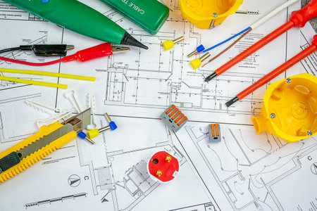 Flat lay composition with electrician's tools on house plan. Space for textの写真素材