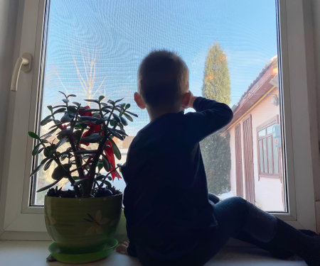 the child looks out the window and waits for parents from work. Selective focus.の写真素材