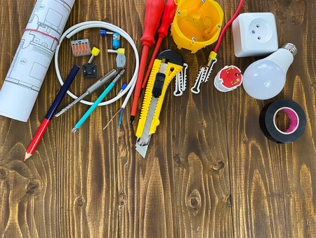 Builder handyman with construction tools. Selective focus