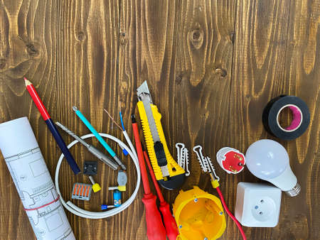 Builder handyman with construction tools. Selective focusの写真素材