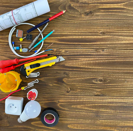 Builder handyman with construction tools. Selective focusの写真素材