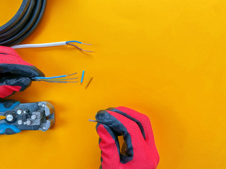 Electrician tools on orange background with copy space for text. Photos for the workshop and the store of building materials. Selective focus.の写真素材