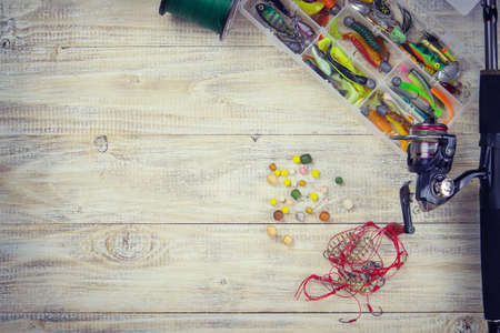 many different fishing floats in the box. fishing tackle and accessories for catching Herabunaの写真素材