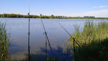 Fishing tackle. rest nature, fish, hooks, spinning. Selective focusの写真素材