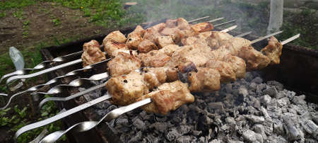 outdoor food, barbecue, grill, charcoal food. selective focusの写真素材