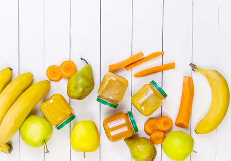 baby food on a white background. Selective focusの写真素材