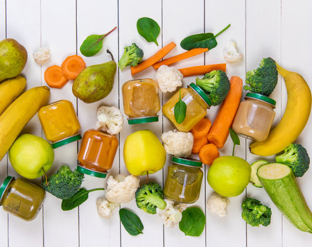 baby food on a white background. Selective focusの写真素材