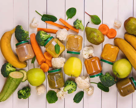baby food on a white background. Selective focusの写真素材