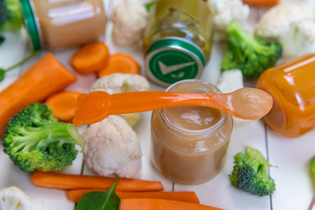 baby food on a white background. Selective focusの写真素材