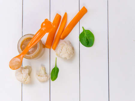 baby food on a white background. Selective focusの写真素材