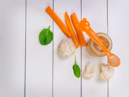 baby food on a white background. Selective focusの写真素材