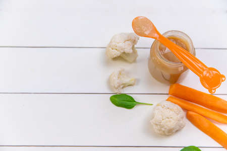 baby food on a white background. Selective focusの写真素材