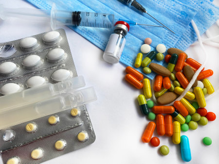 medical supplies on a white background, pandemic. Selective focusの写真素材