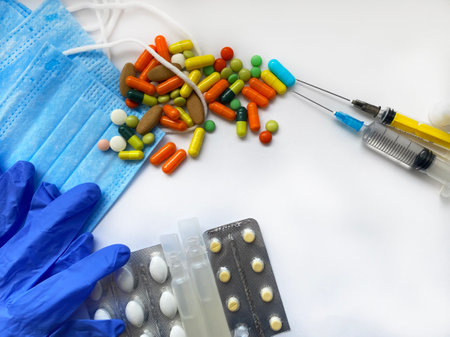 medical supplies on a white background, pandemic. Selective focusの写真素材