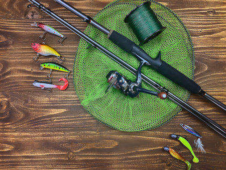 Fishing tackle. Float, wobbler, bait hooks, on a wooden background. Selective focusの写真素材