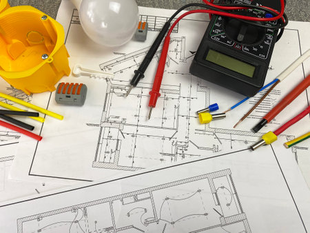 electrician tools on the background of the electrician plan. Place for text. Selective focus.の写真素材
