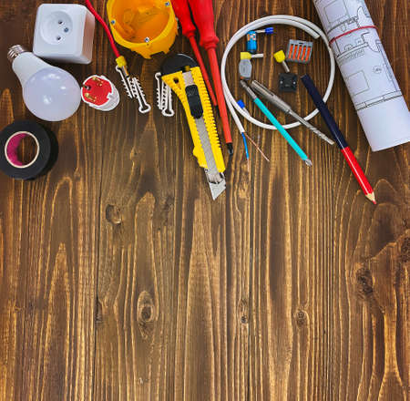 Builder handyman with construction tools. Selective focusの写真素材
