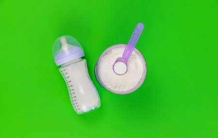 healthy food for babies. green background. selective focus.の写真素材