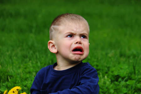 little boy sits on the grass. Selective focusの写真素材