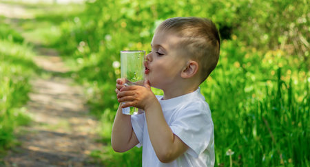 The child drinks clean water in summer. Selective focus. People.の写真素材