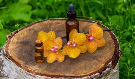 bottles with essential oils and orchid in Minsk on a wooden background. Natural perfume. Selective focusの写真素材