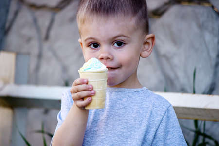 child eats ice cream in nature, ice cream in a cup. Nature. Selective focusの写真素材