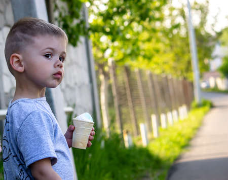 child eats ice cream in nature, ice cream in a cup. Nature. Selective focusの写真素材