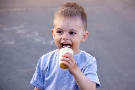 child eats ice cream in nature, ice cream in a cup. Nature. Selective focusの写真素材