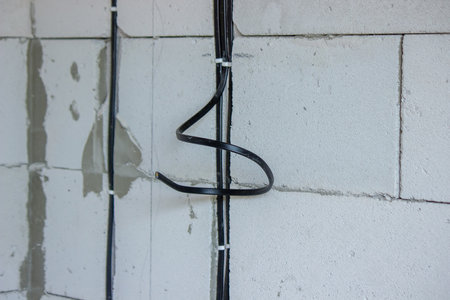 electrical wiring of the house, cable on the wall in the gate. Selective focusの写真素材