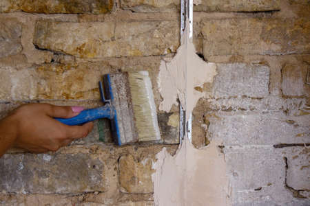 woman paints the wall with a brush. construction. Selective focusの写真素材