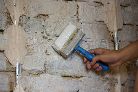 woman paints the wall with a brush. construction. Selective focusの写真素材