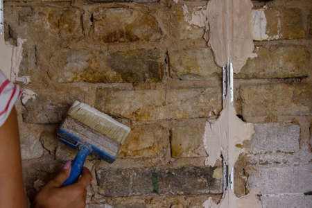 woman paints the wall with a brush. construction. Selective focusの写真素材