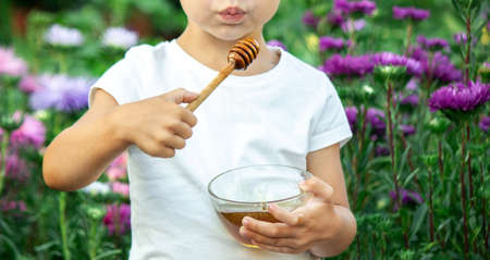 child eats honey in the garden. Selective focusの写真素材