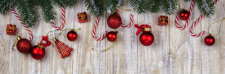 Christmas box of New Year's toys on a wooden table