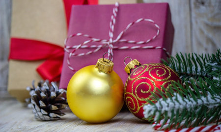 Christmas decorations toys gifts on a wooden background. Selective focus
