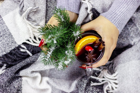 Hot mulled wine in male and female hands, spices. Sweet home concept