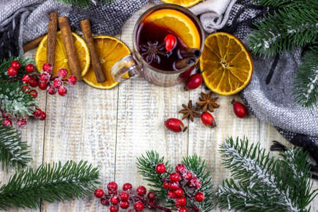 hot mulled wine on a wooden table. New year concept. Christmasの写真素材