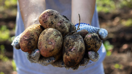 organic vegetables. Farmers hands with freshly harvested vegetables. Fresh bio potatoes. selective...