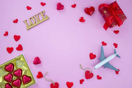 layout on pink background valentine's day. Air travel. selective focusの写真素材