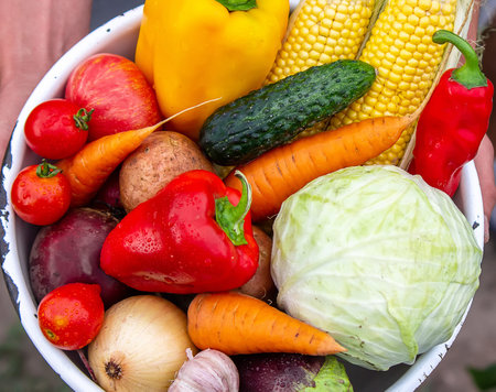 Hands hold a large plate with various fresh agricultural vegetables. Autumn harvest and healthy...